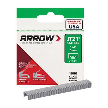 Arrow Fastener Light Duty Staples, JT21, Flat Crown, 1/4 in Leg L, Steel, 1000 PK 214